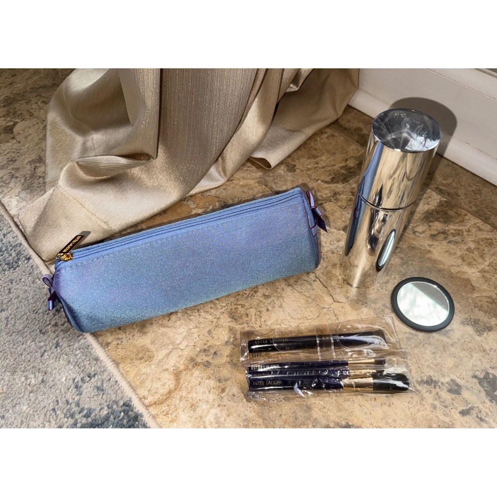 NWT Estee Lauder Blue Shimmer Makeup Bag Set with 4 Brushes Mirror Travel Cas